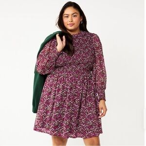 Draper James RSVP New Size 1X Long Sleeve Smocked Dress Plum Floral Cottage
